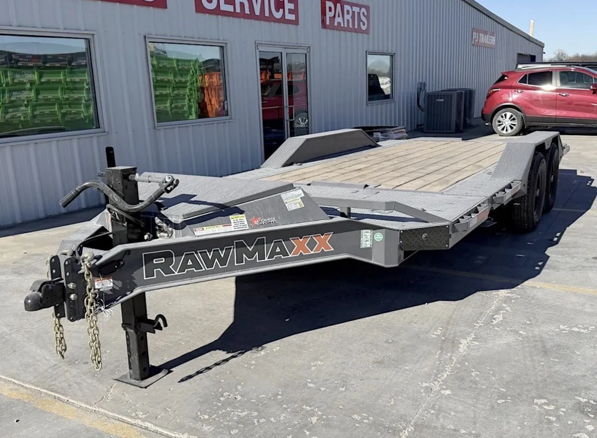 24 ft tilt equipment trailer, front three-quarter view with coupler and jack